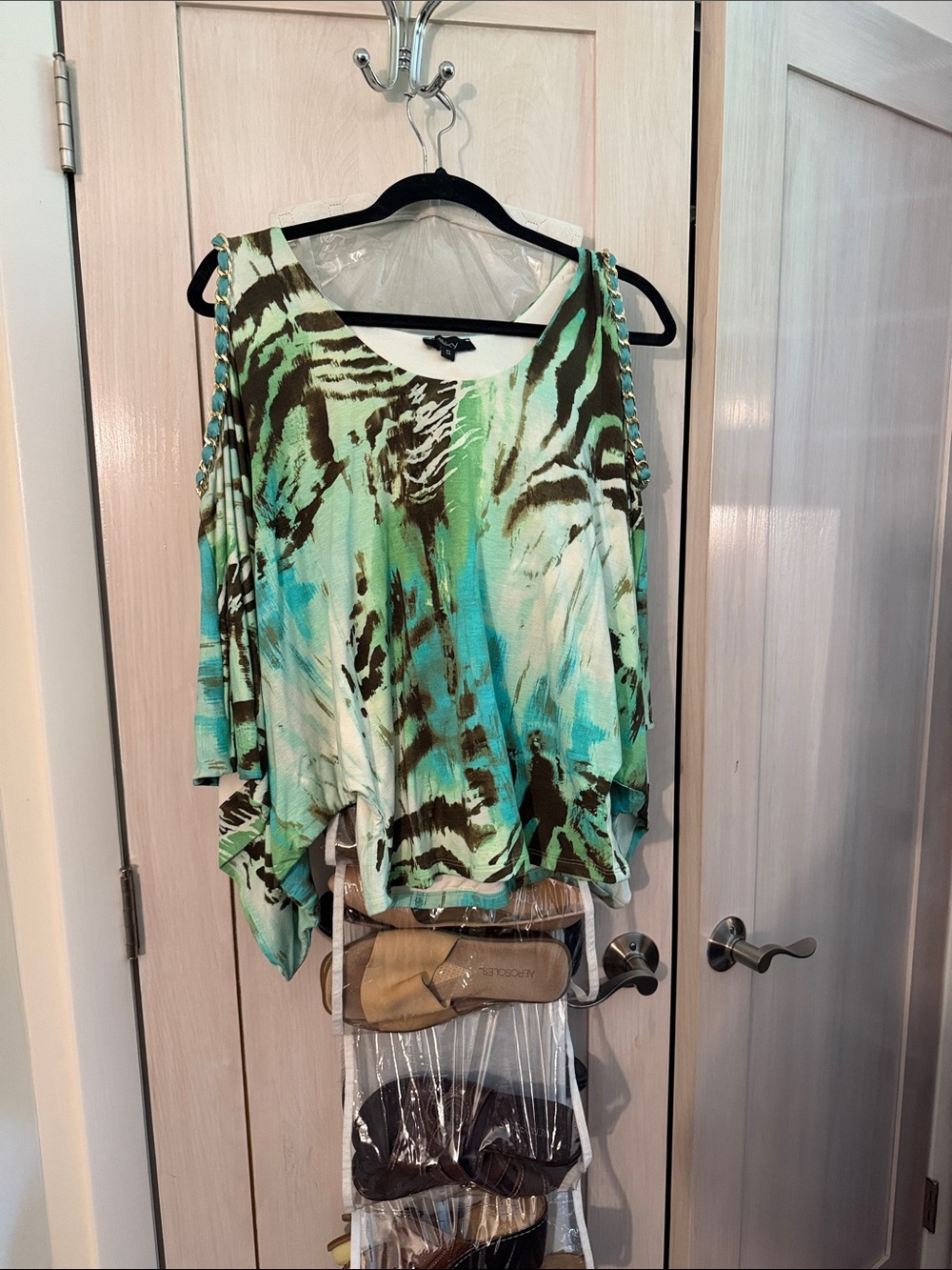 Sky Teal & Brown Cold-Shoulder Braided-String Tunic
